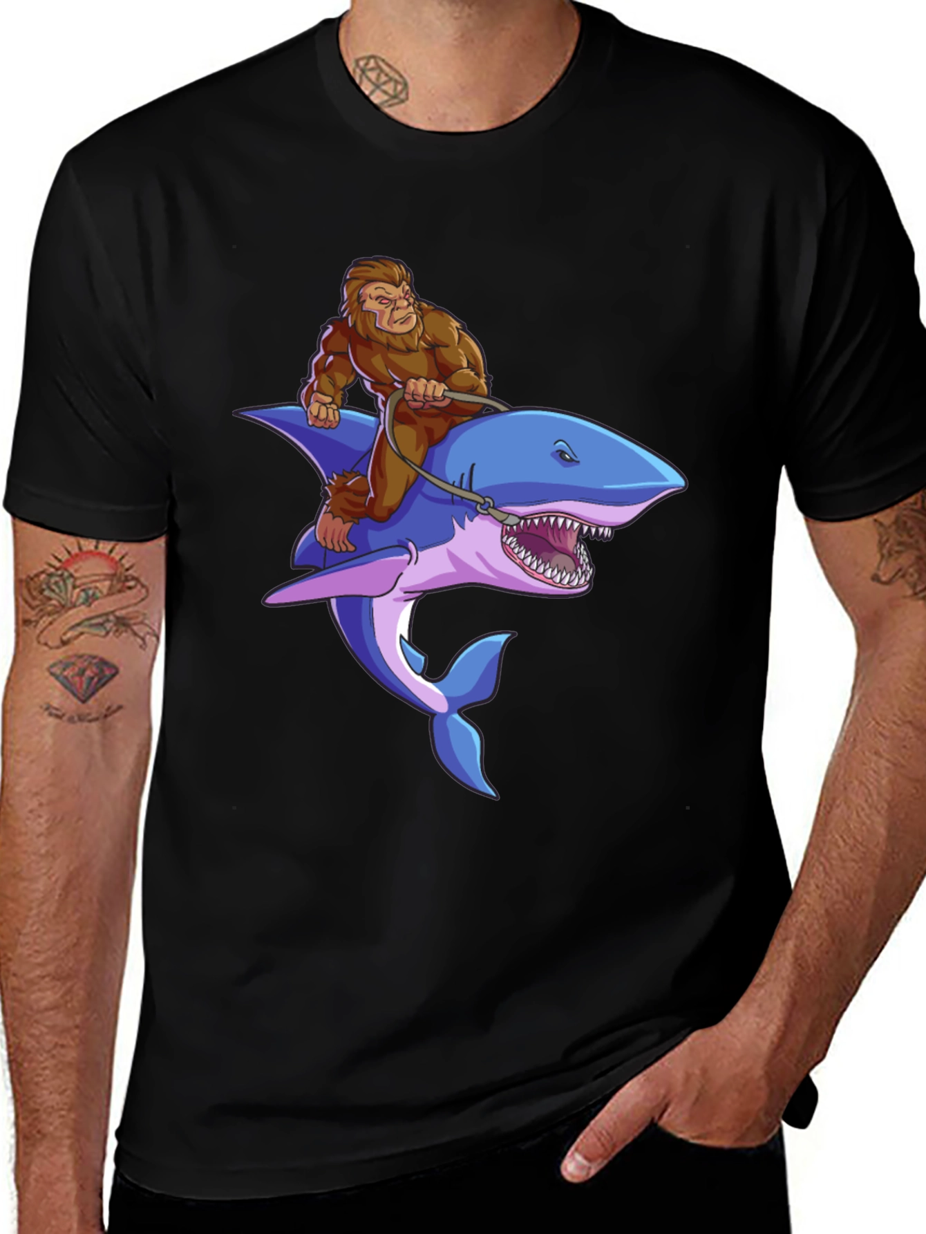 Bigfoot Riding Shark Graphic Tee - Black