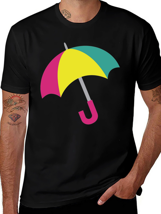 Colorful Umbrella Graphic Tee - Black Cotton T-Shirt