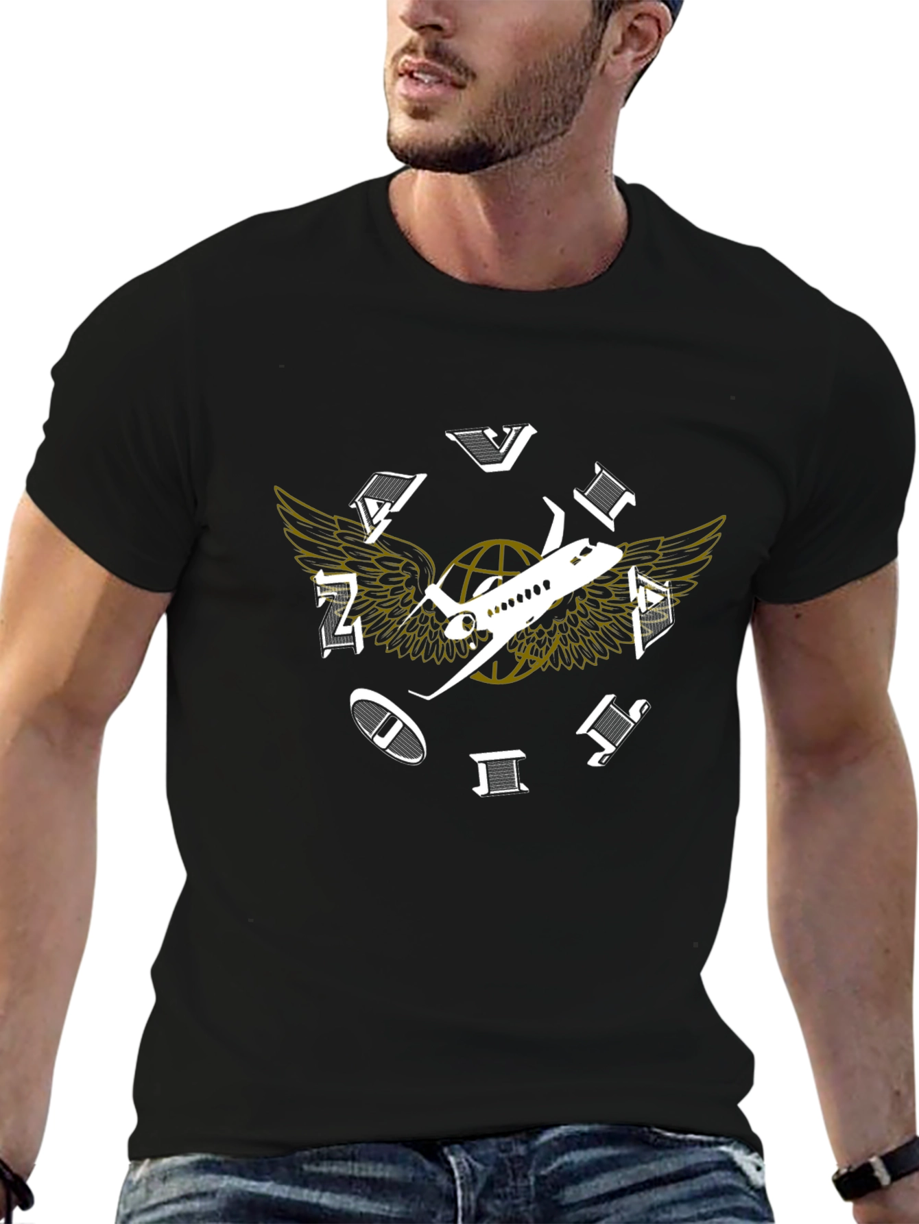 Aviation Globe Wings Black T-Shirt