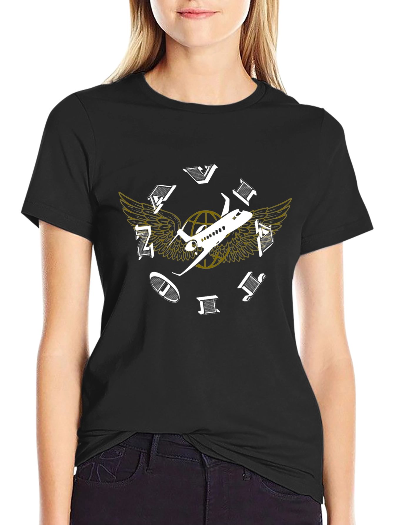 Aviation Globe Wings Black T-Shirt