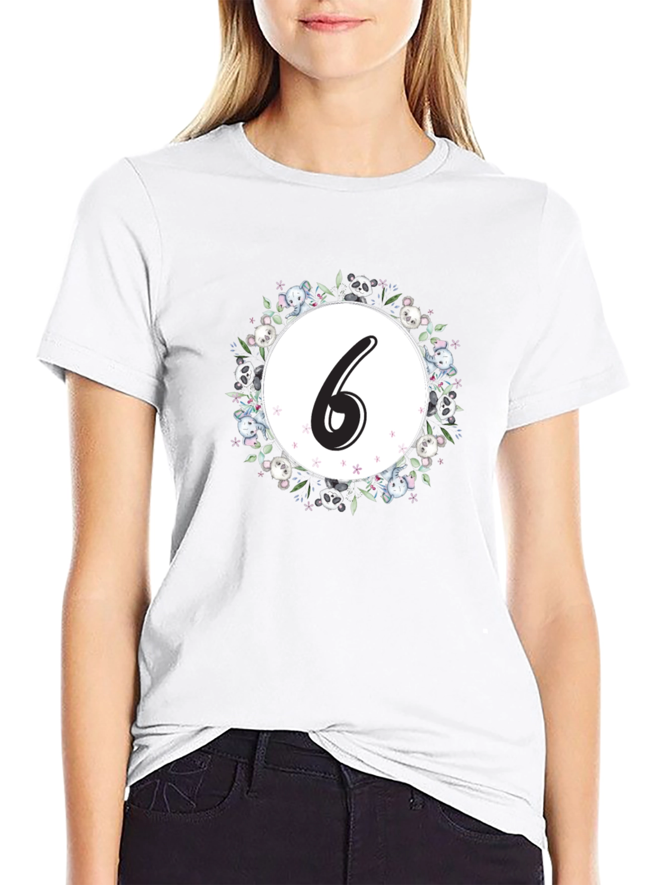 Cute Number 6 Panda Floral Wreath Black T-Shirt