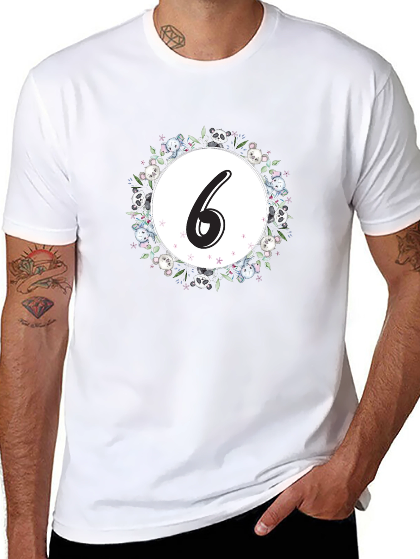 Cute Number 6 Panda Floral Wreath Black T-Shirt