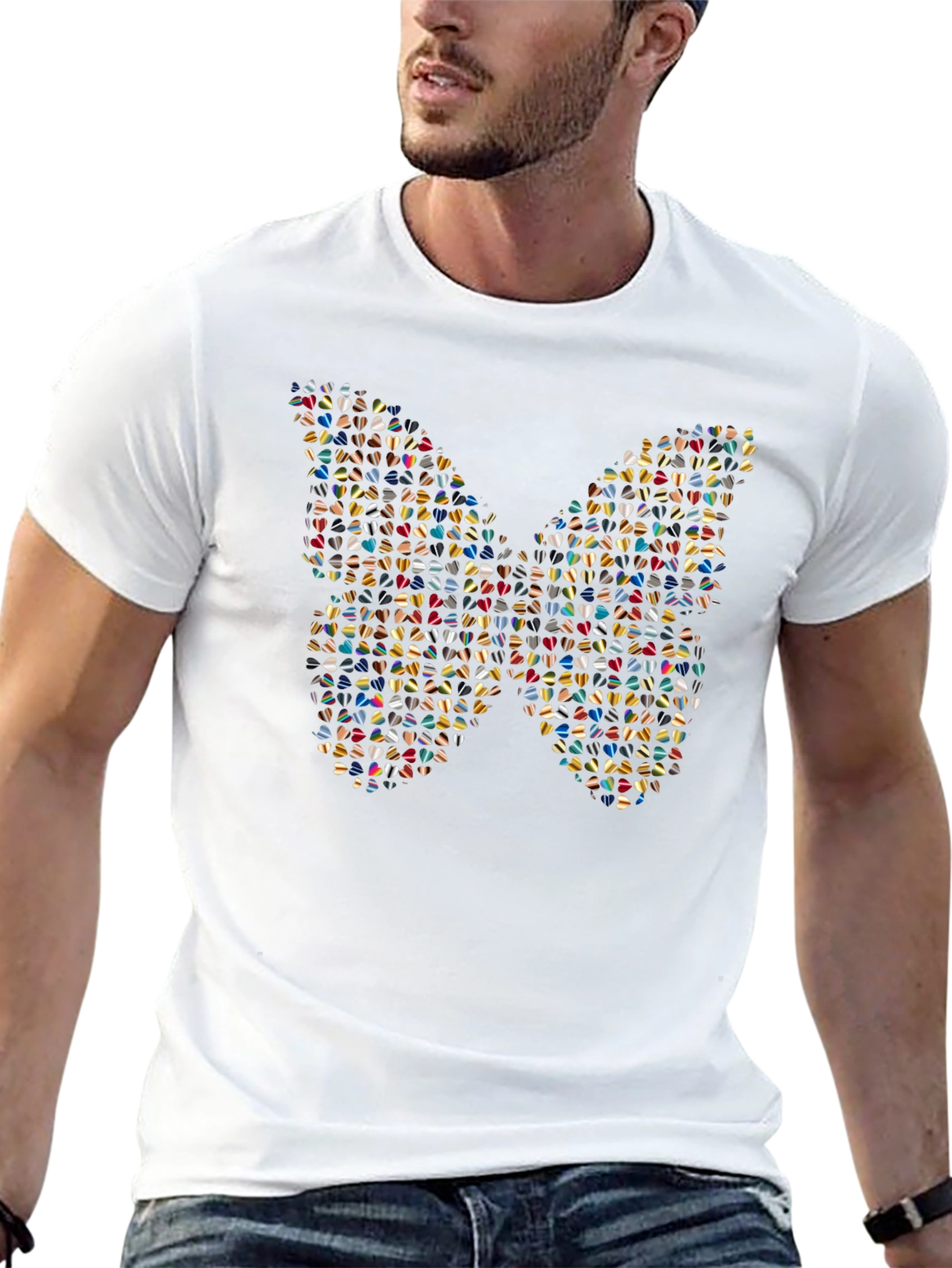 Butterfly Heart Pattern Black T-Shirt