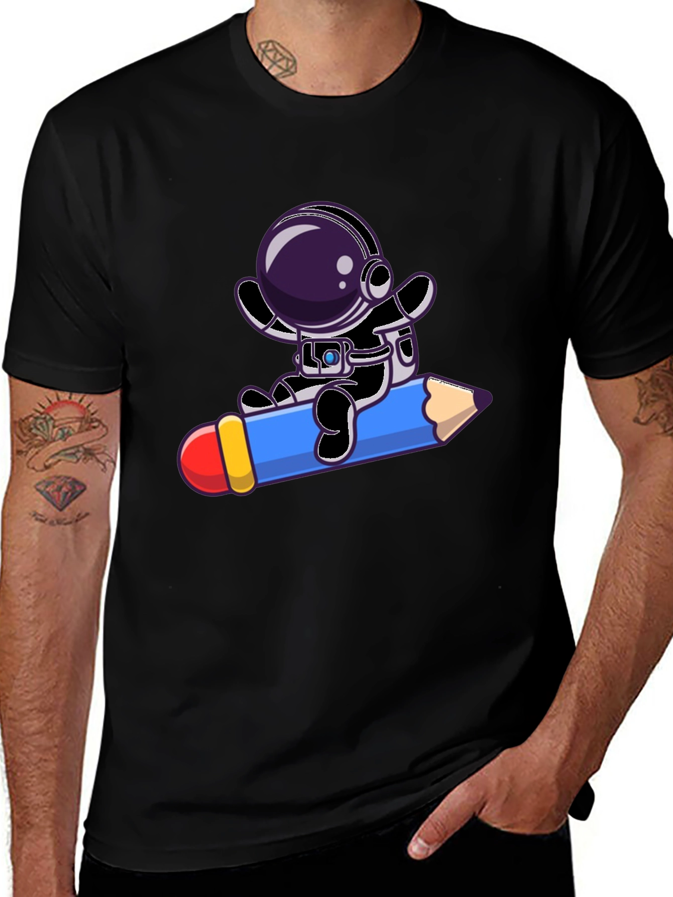 Astronaut Riding Pencil Graphic Tee - Black