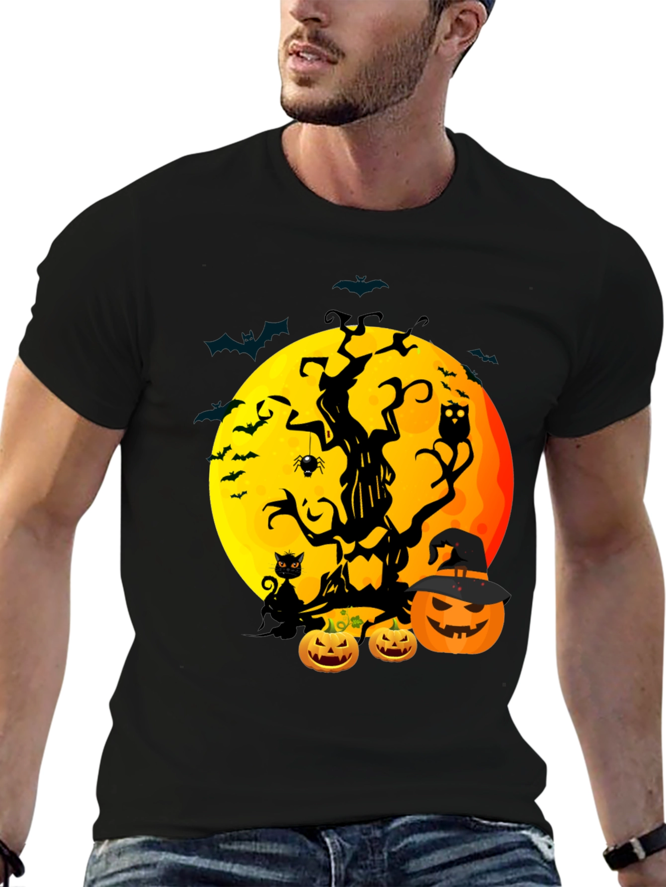 Halloween Tree Moon & Pumpkin Graphic Tee