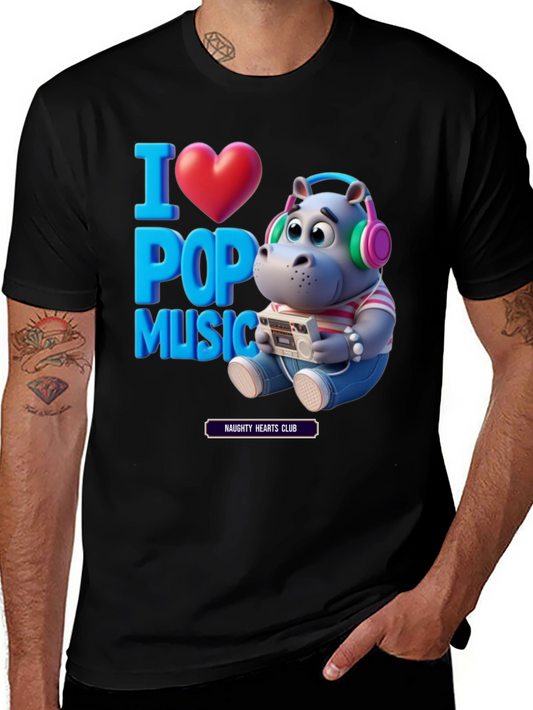 I Love Pop Music Tee - Hippo with Headphones Graphic T-Shirt