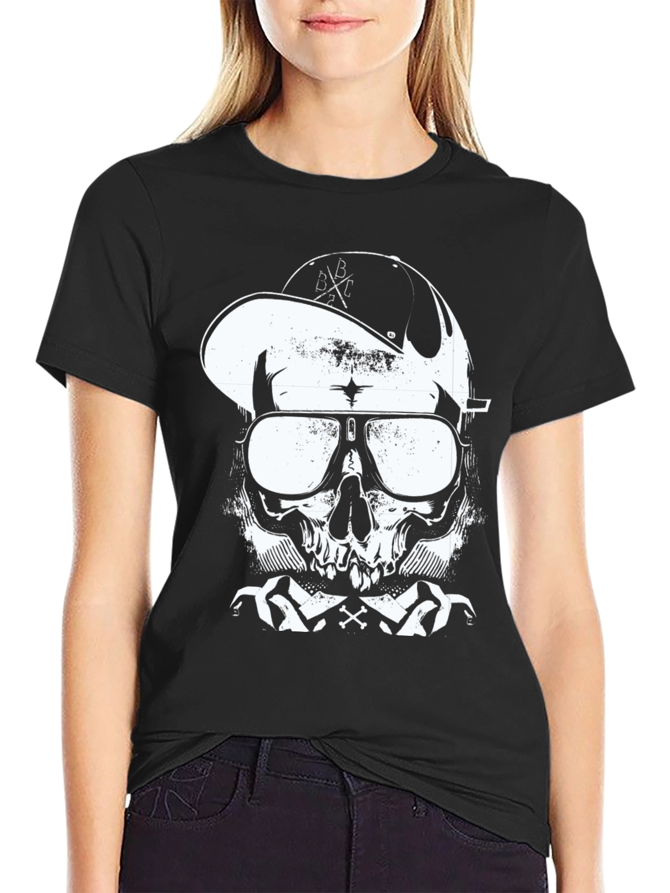 Skull in Cap Graphic T-Shirt - Black