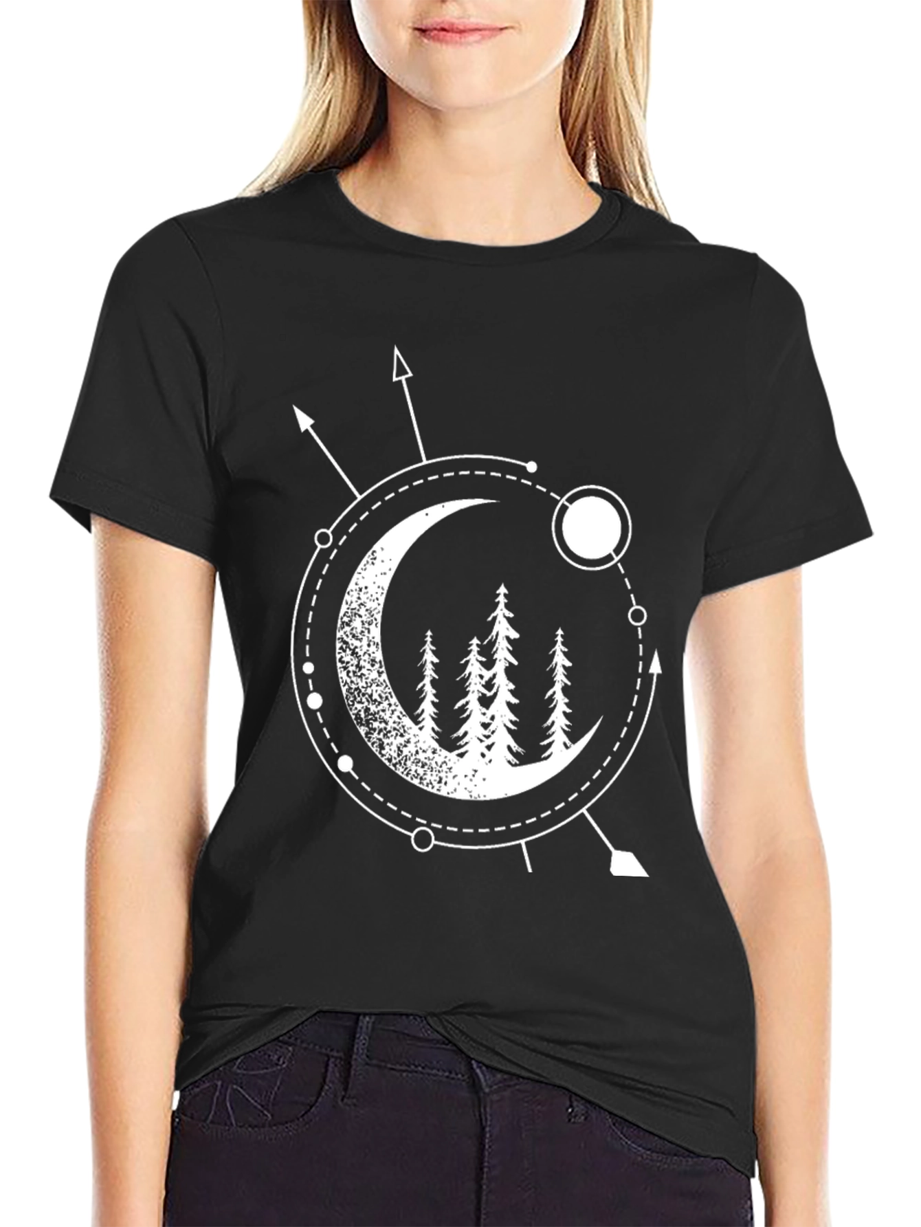 Geometric Moon & Trees Graphic Tee - Black
