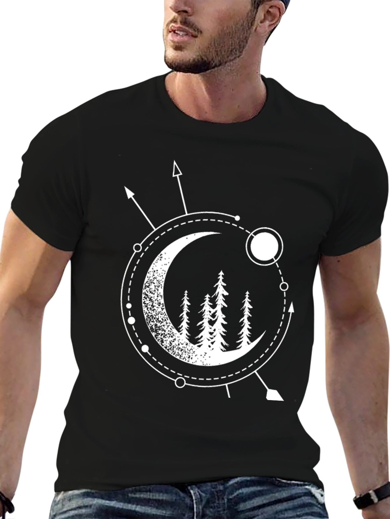 Geometric Moon & Trees Graphic Tee - Black