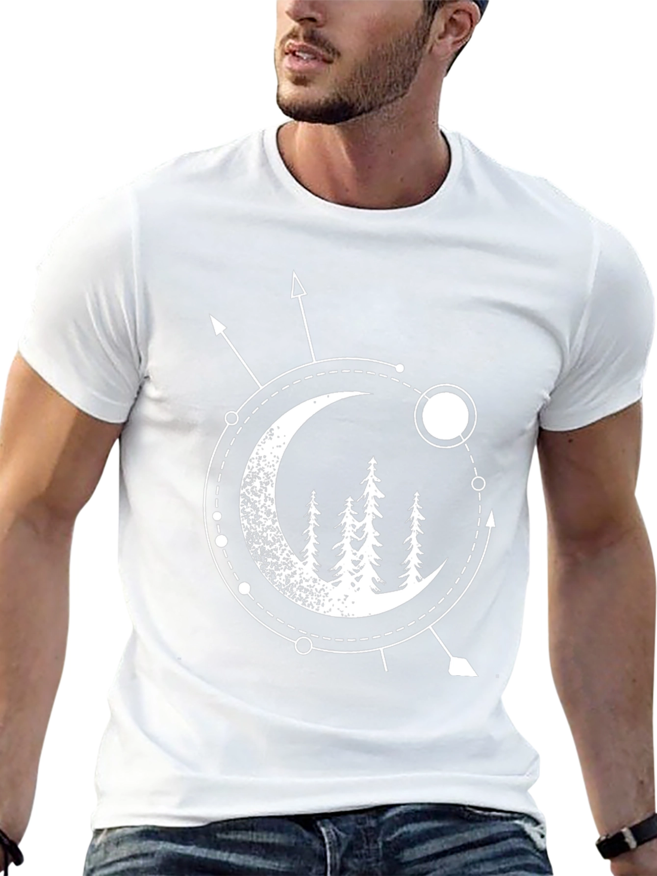 Geometric Moon & Trees Graphic Tee - Black