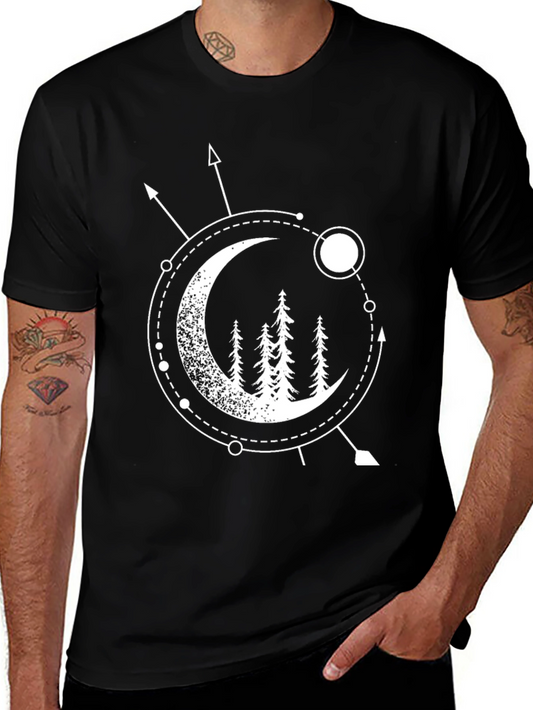 Geometric Moon & Trees Graphic Tee - Black