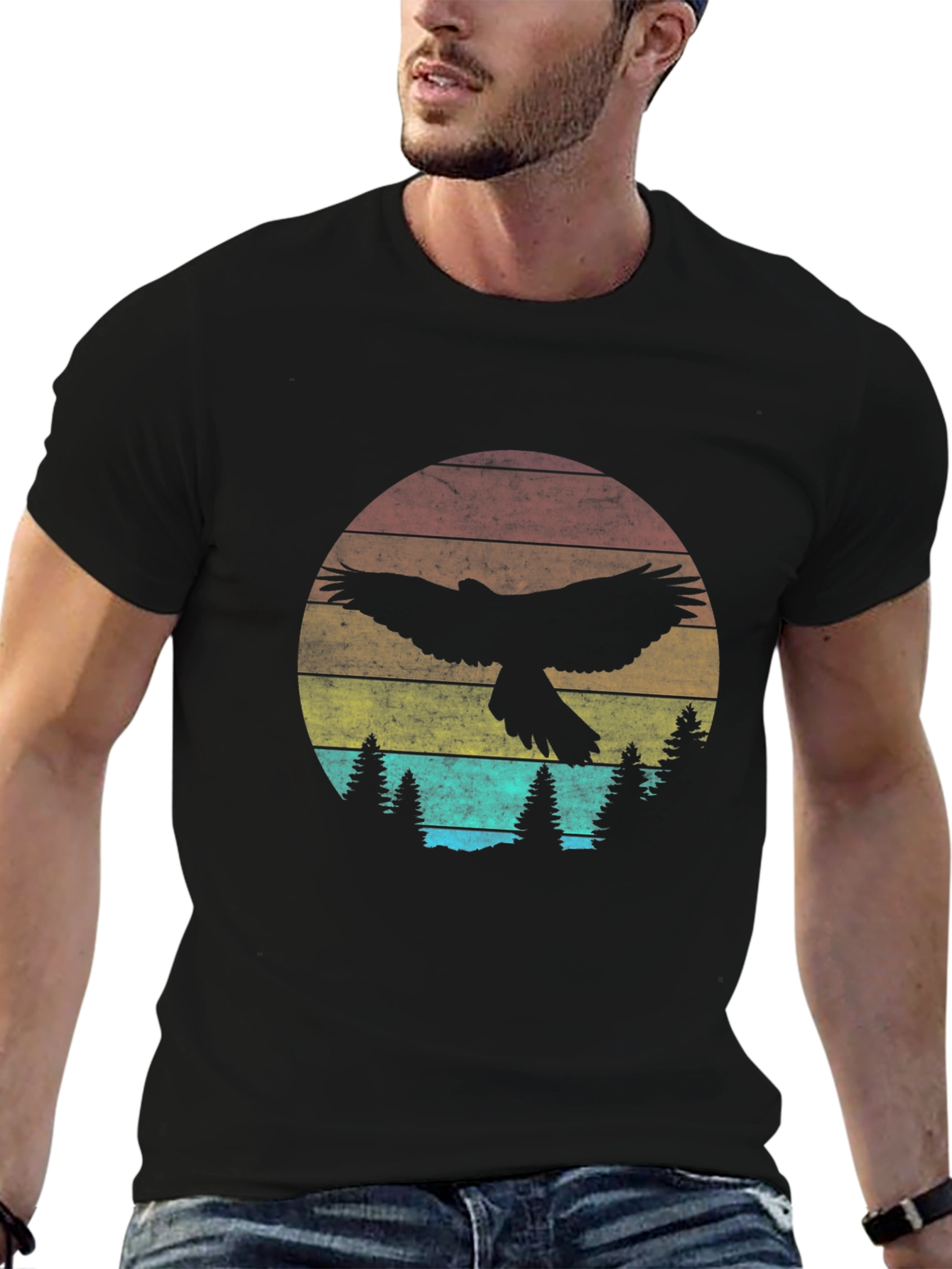 Retro Eagle Sunset Graphic Tee - Black Crew Neck