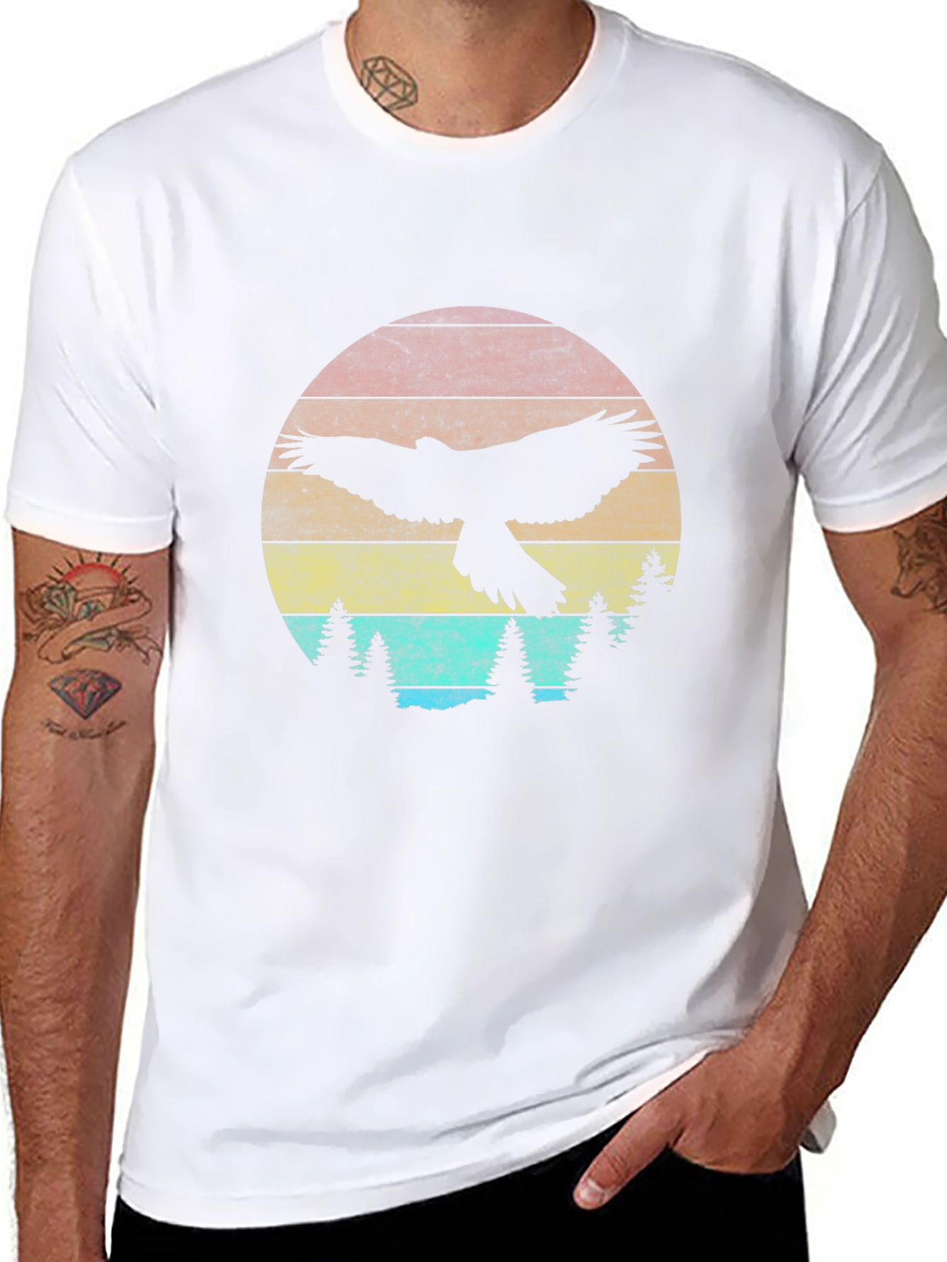 Retro Eagle Sunset Graphic Tee - Black Crew Neck
