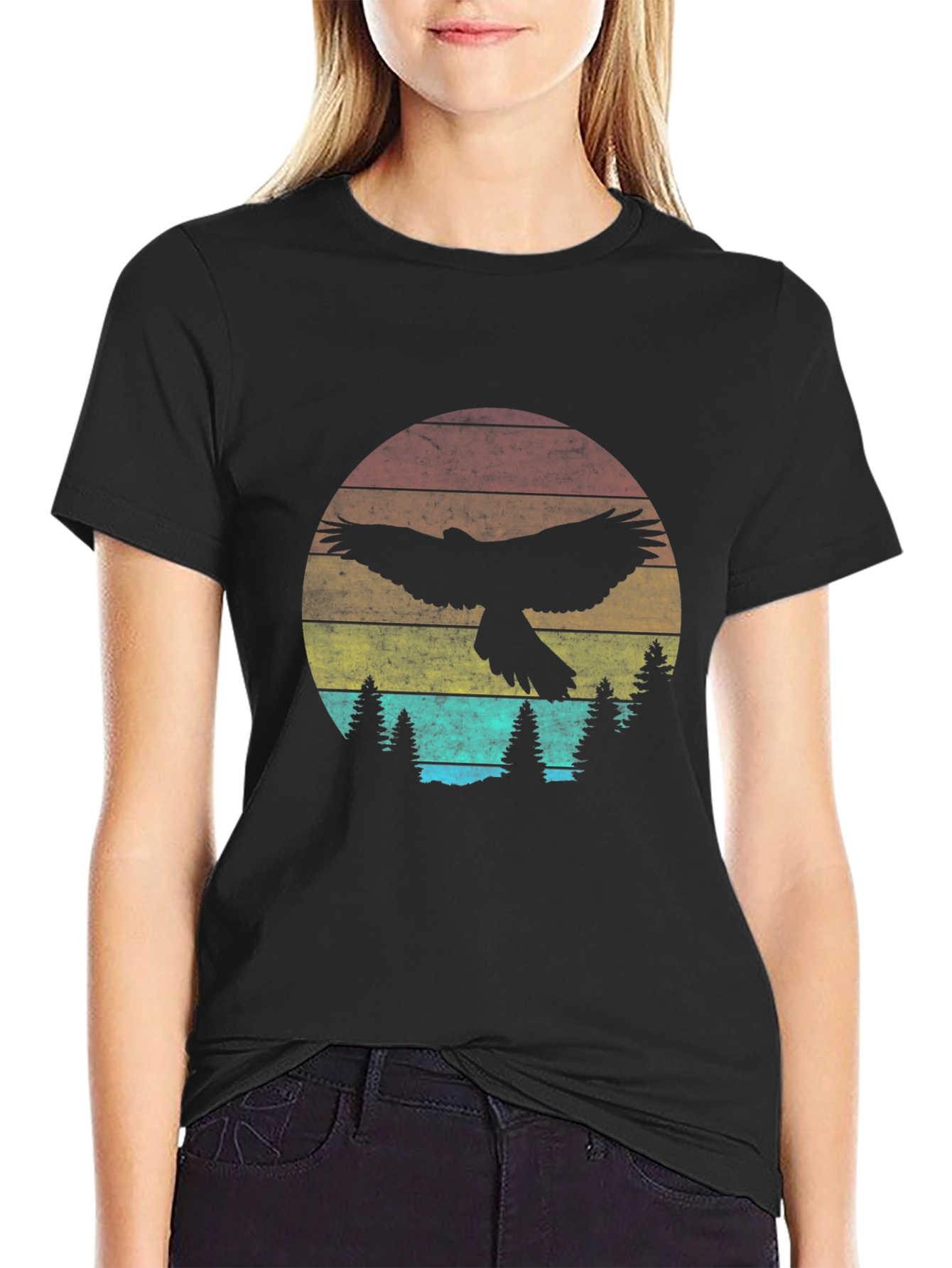 Retro Eagle Sunset Graphic Tee - Black Crew Neck