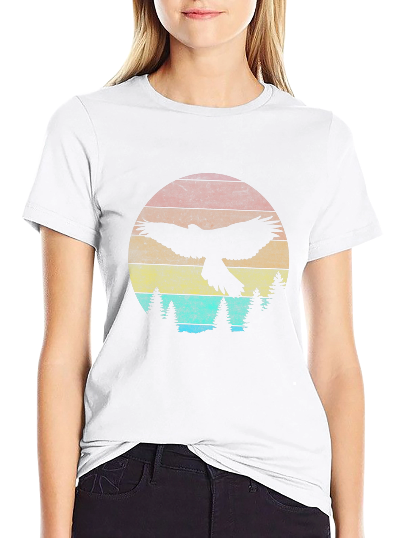 Retro Eagle Sunset Graphic Tee - Black Crew Neck