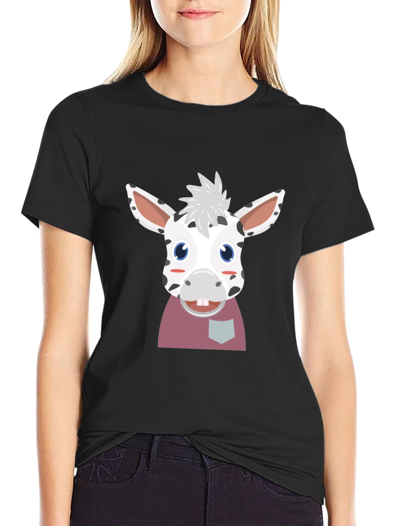 Cute Cartoon Animal Graphic Tee - Black