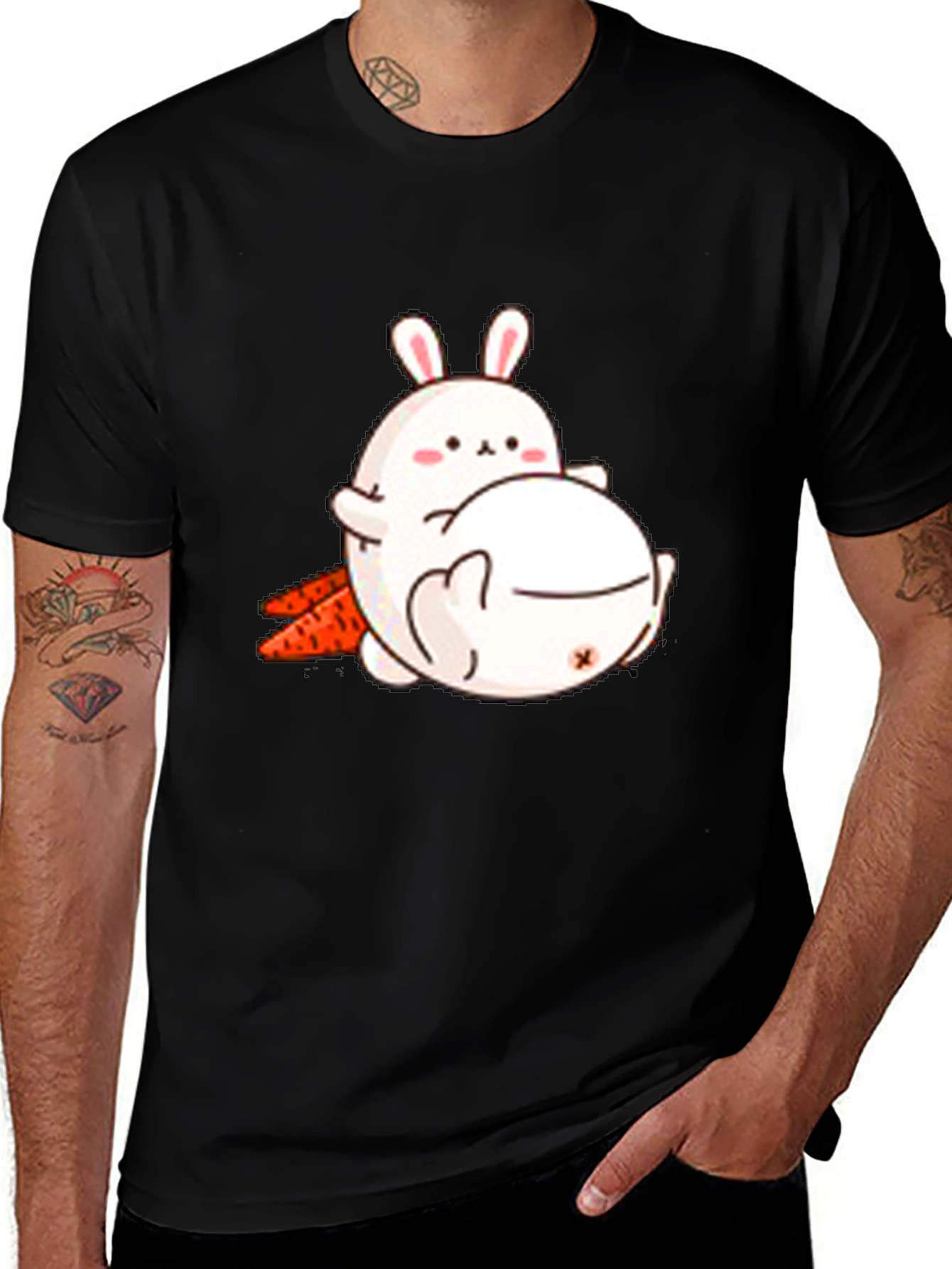 Cute Cartoon Bunny T-Shirt - Black Cotton
