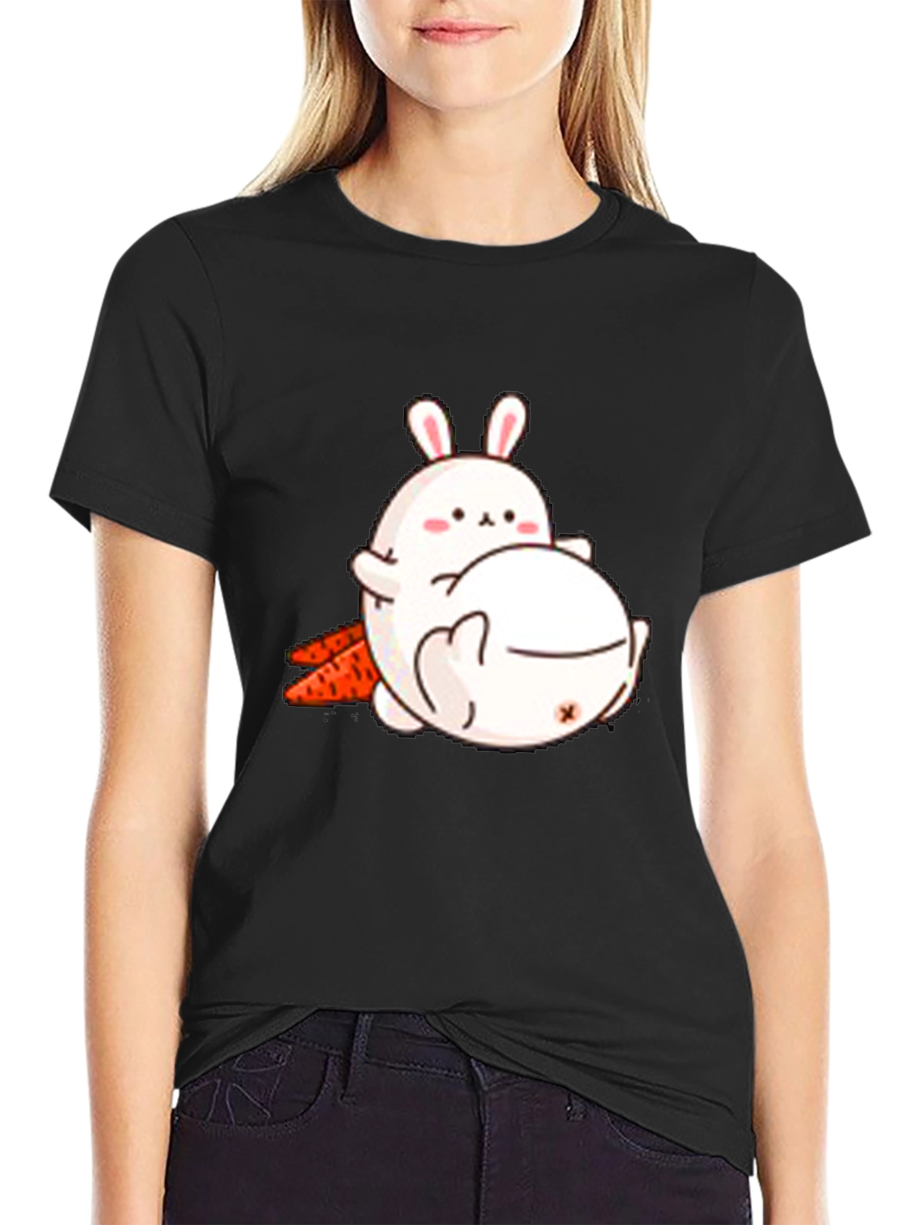 Cute Cartoon Bunny T-Shirt - Black Cotton