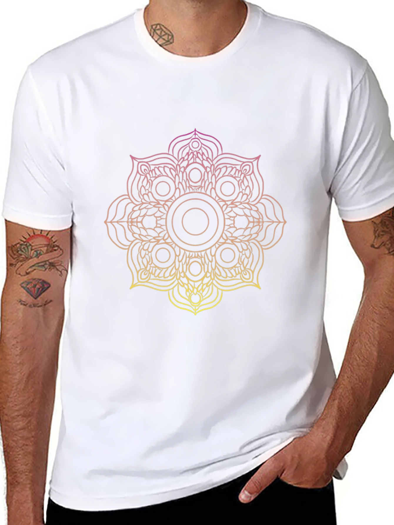 Black T-Shirt with Gradient Mandala Design