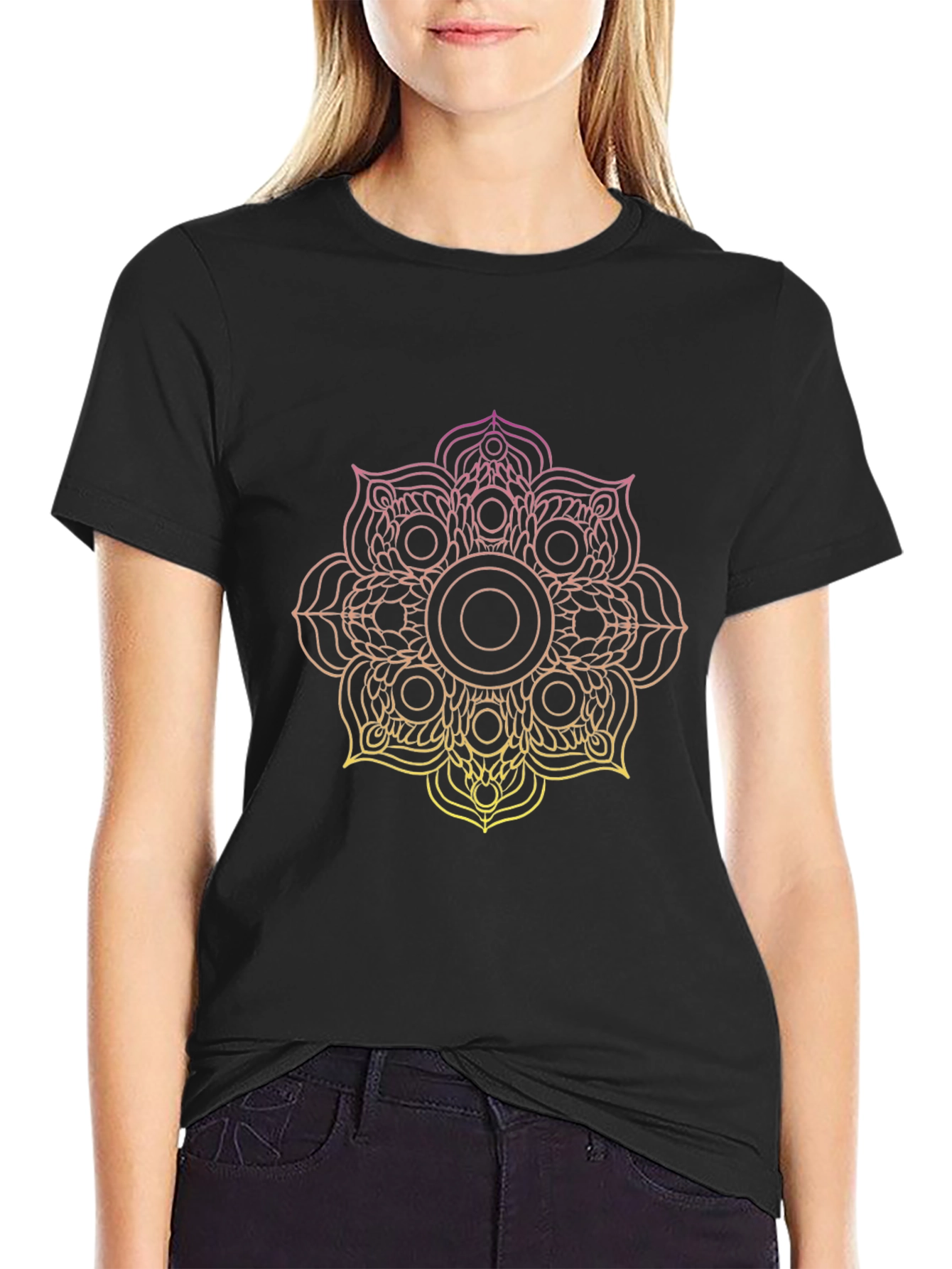 Black T-Shirt with Gradient Mandala Design