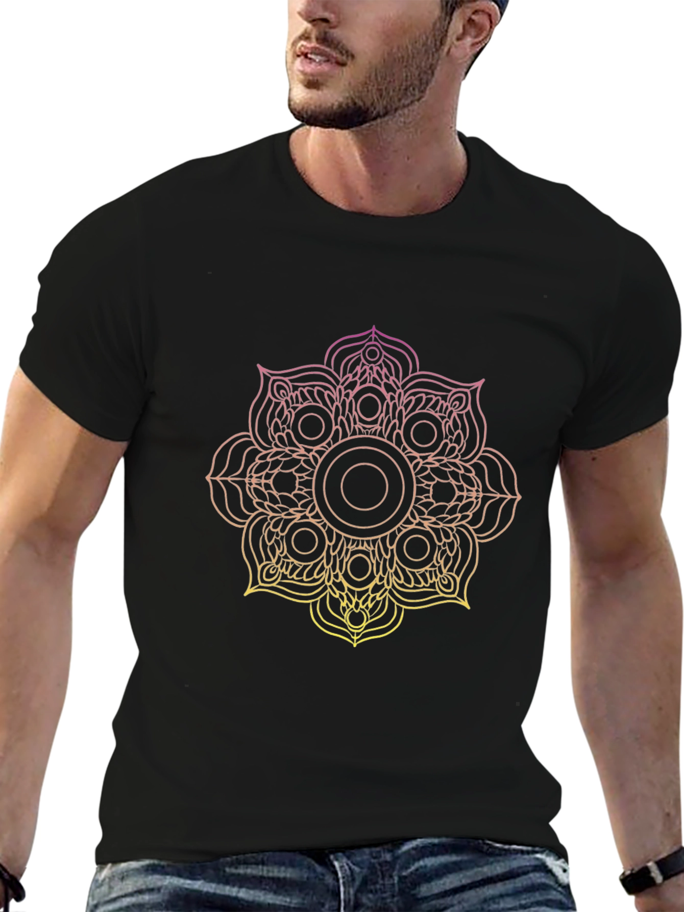 Black T-Shirt with Gradient Mandala Design