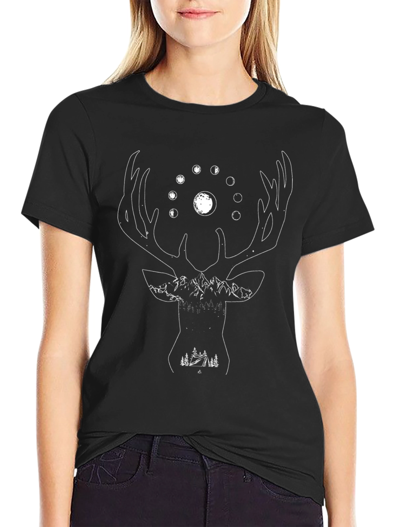 Nature Deer Graphic Tee - Moon Phases Camping Shirt