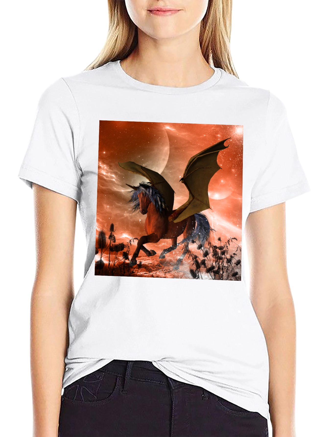 Fantasy Unicorn Bat Wing Graphic T-Shirt