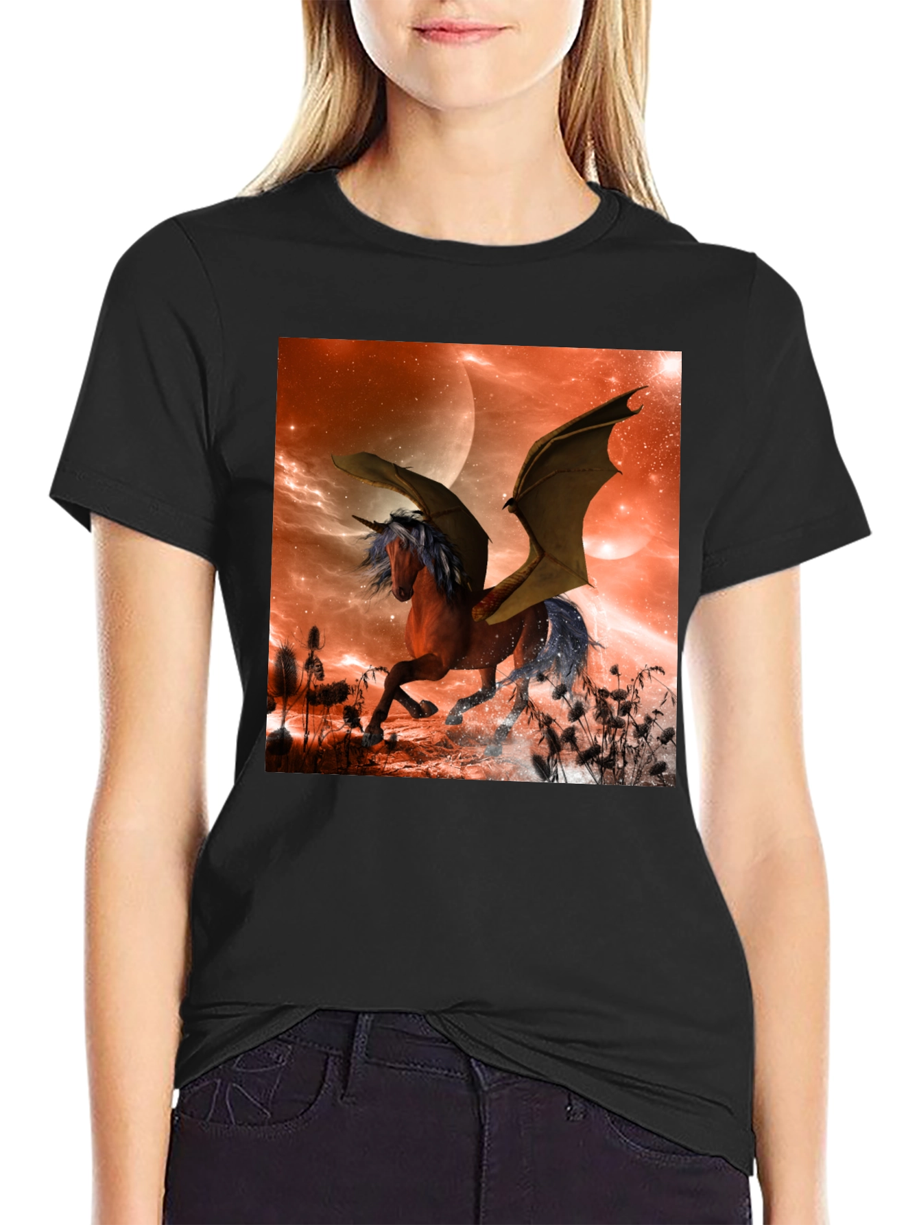 Fantasy Unicorn Bat Wing Graphic T-Shirt