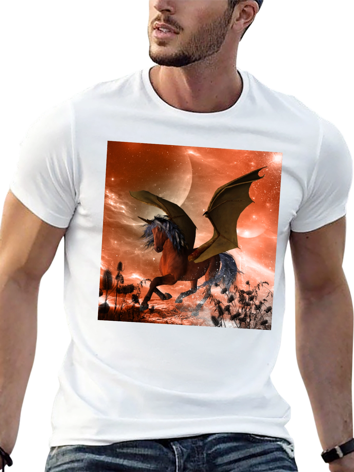 Fantasy Unicorn Bat Wing Graphic T-Shirt