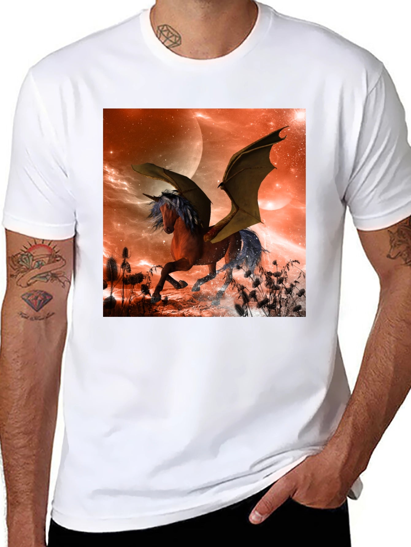 Fantasy Unicorn Bat Wing Graphic T-Shirt