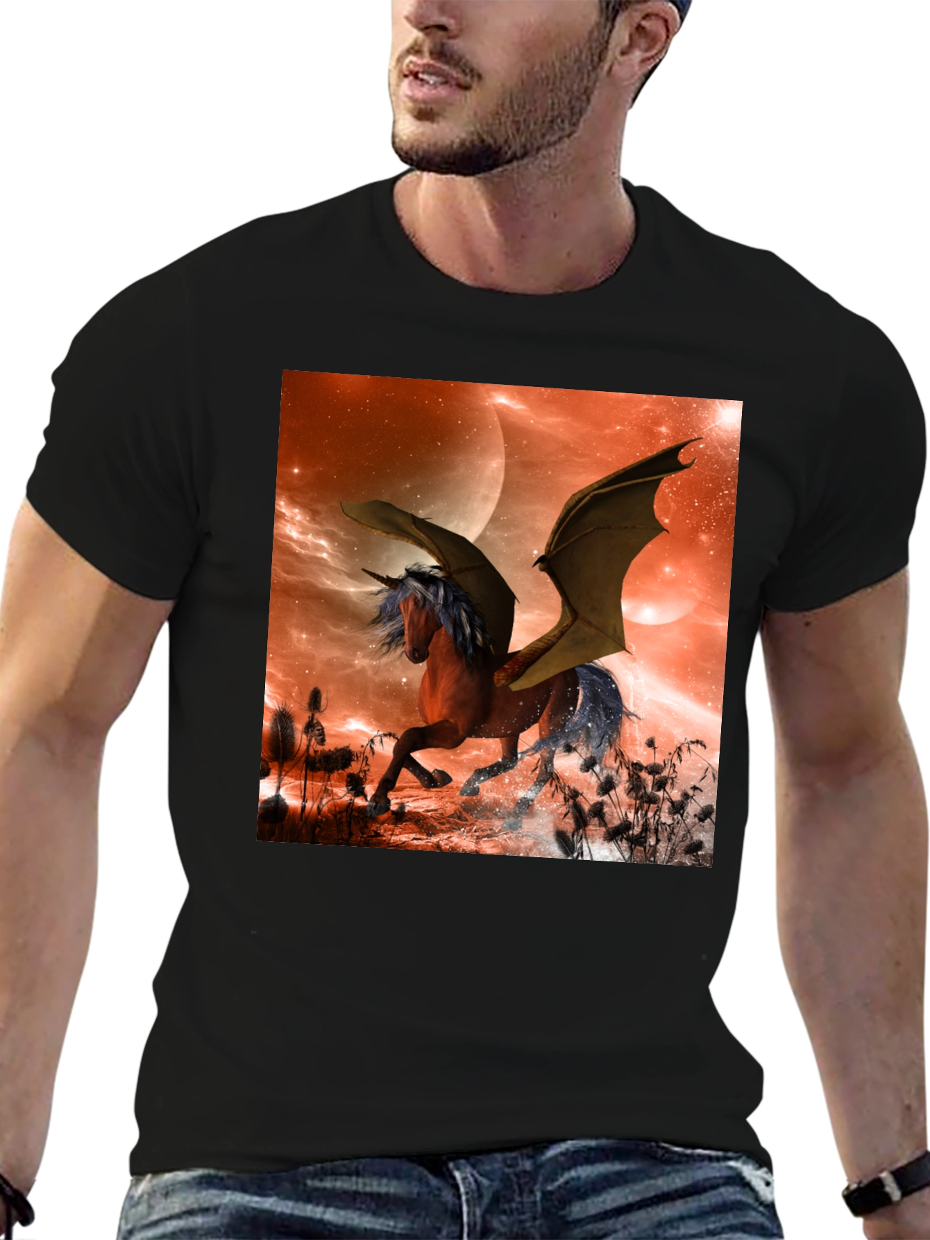 Fantasy Unicorn Bat Wing Graphic T-Shirt
