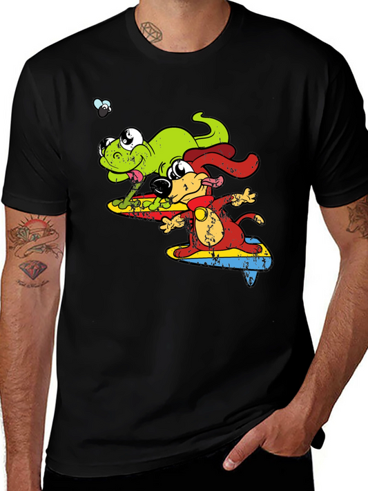 Cartoon Dog and Lizard Surfing Black T-Shirt