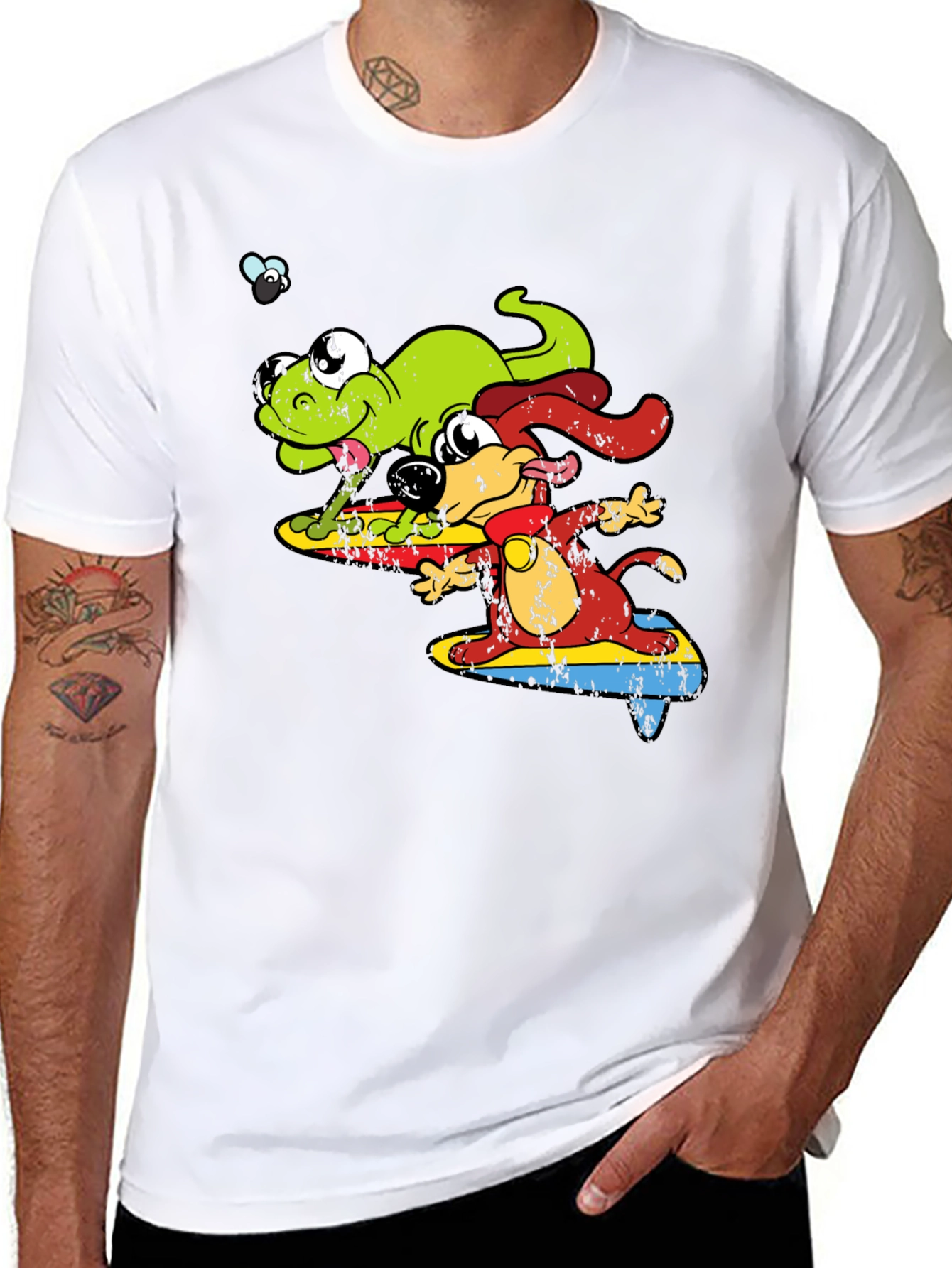 Cartoon Dog and Lizard Surfing Black T-Shirt