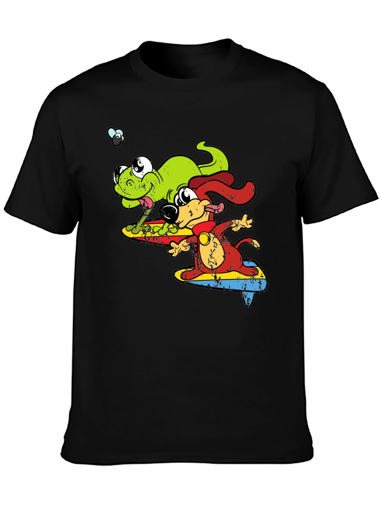 Cartoon Dog and Lizard Surfing Black T-Shirt