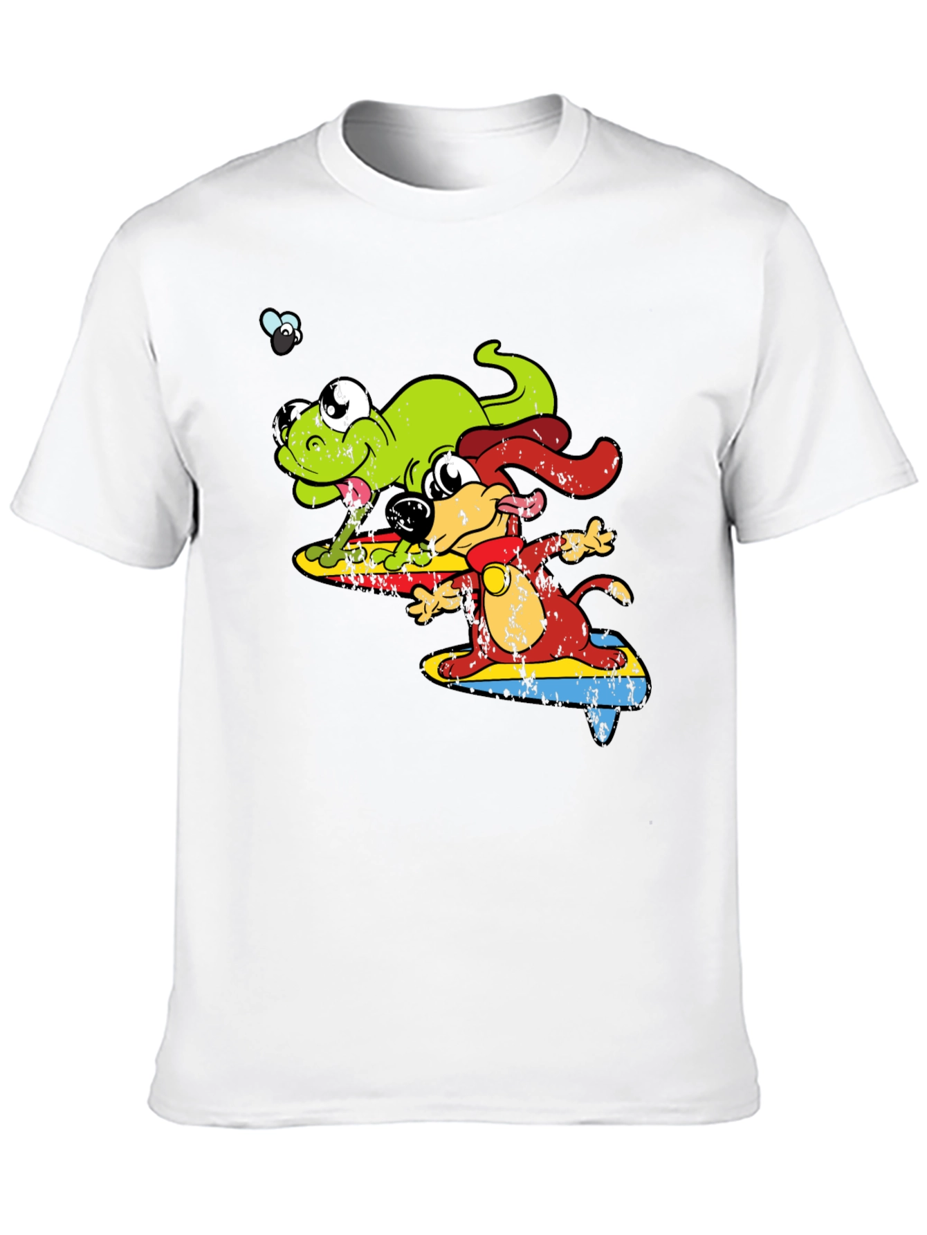 Cartoon Dog and Lizard Surfing Black T-Shirt