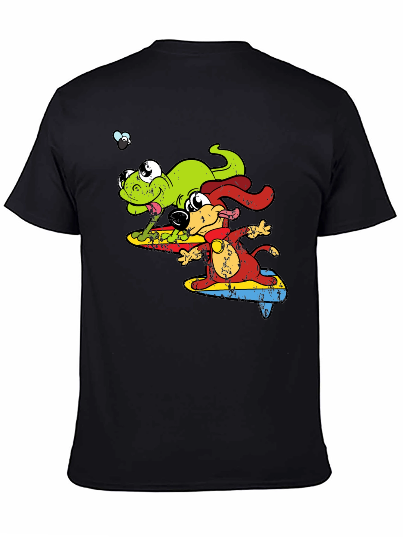 Cartoon Dog and Lizard Surfing Black T-Shirt