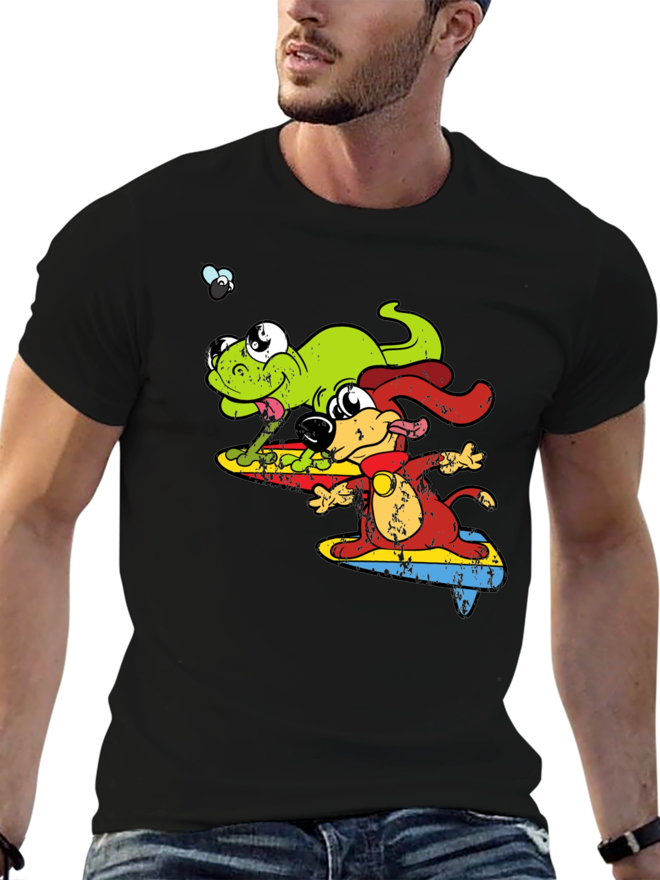 Cartoon Dog and Lizard Surfing Black T-Shirt
