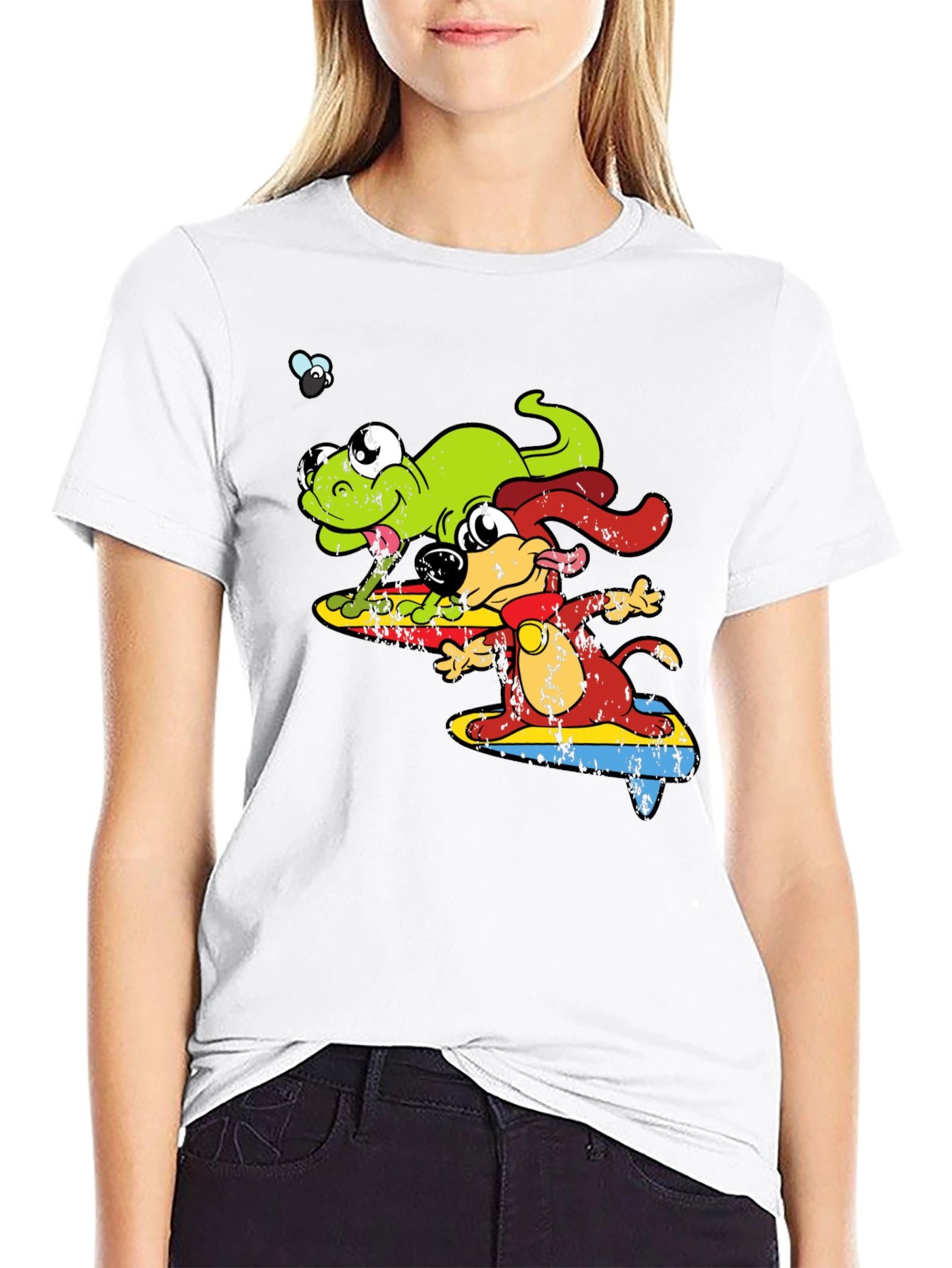 Cartoon Dog and Lizard Surfing Black T-Shirt