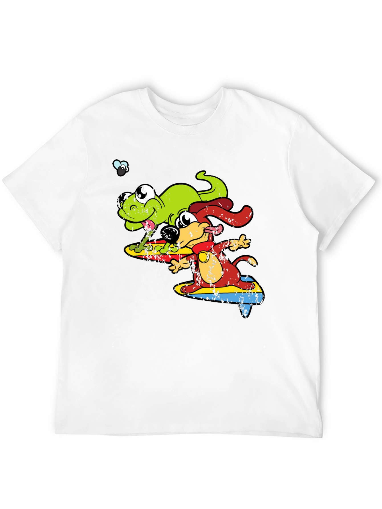 Cartoon Dog and Lizard Surfing Black T-Shirt
