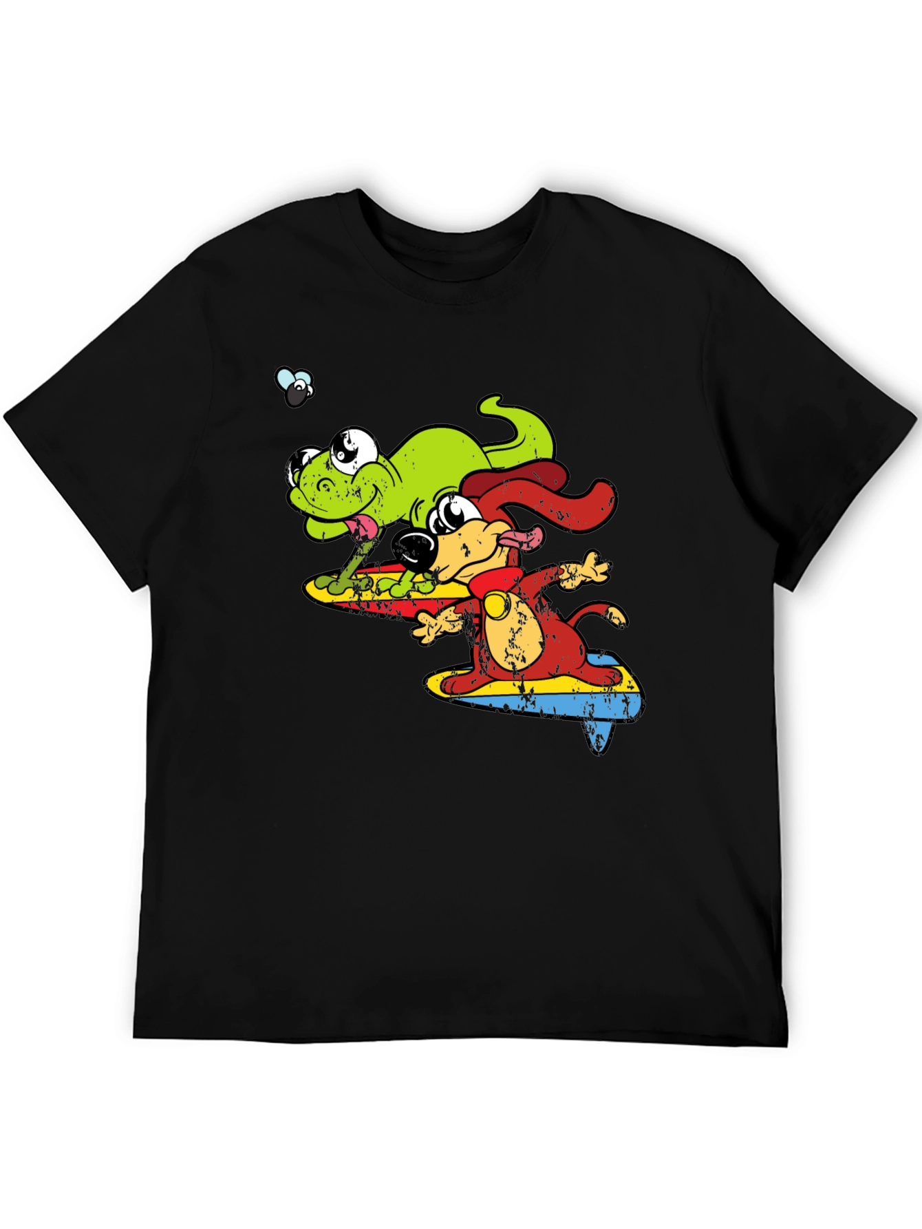Cartoon Dog and Lizard Surfing Black T-Shirt