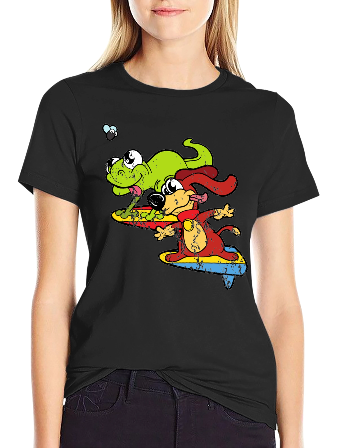 Cartoon Dog and Lizard Surfing Black T-Shirt