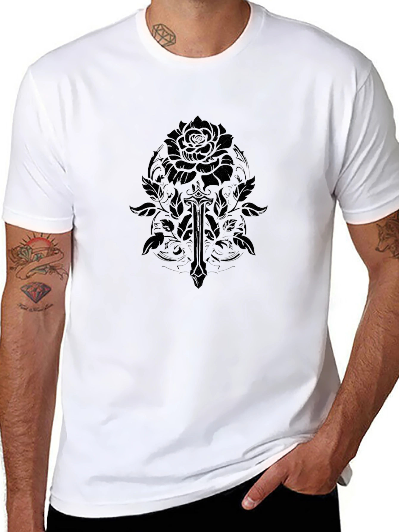 Gothic Rose and Sword Graphic T-Shirt - Black