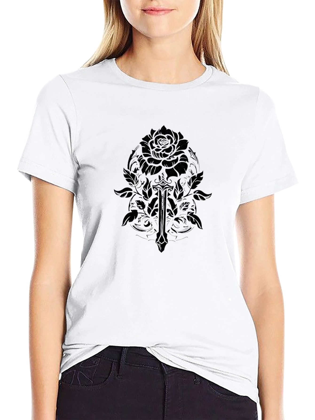 Gothic Rose and Sword Graphic T-Shirt - Black