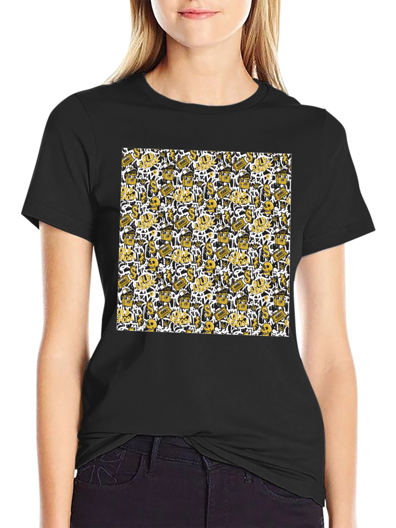 Gold Patterned Black T-Shirt