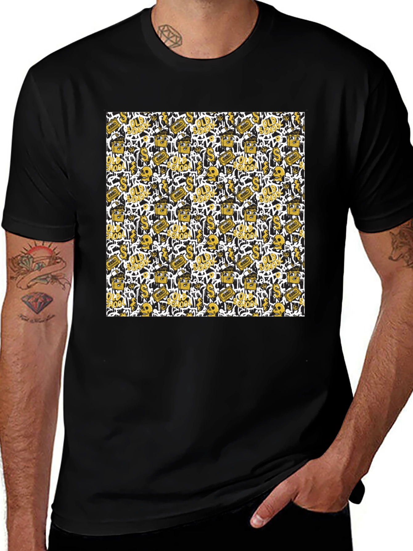 Gold Patterned Black T-Shirt
