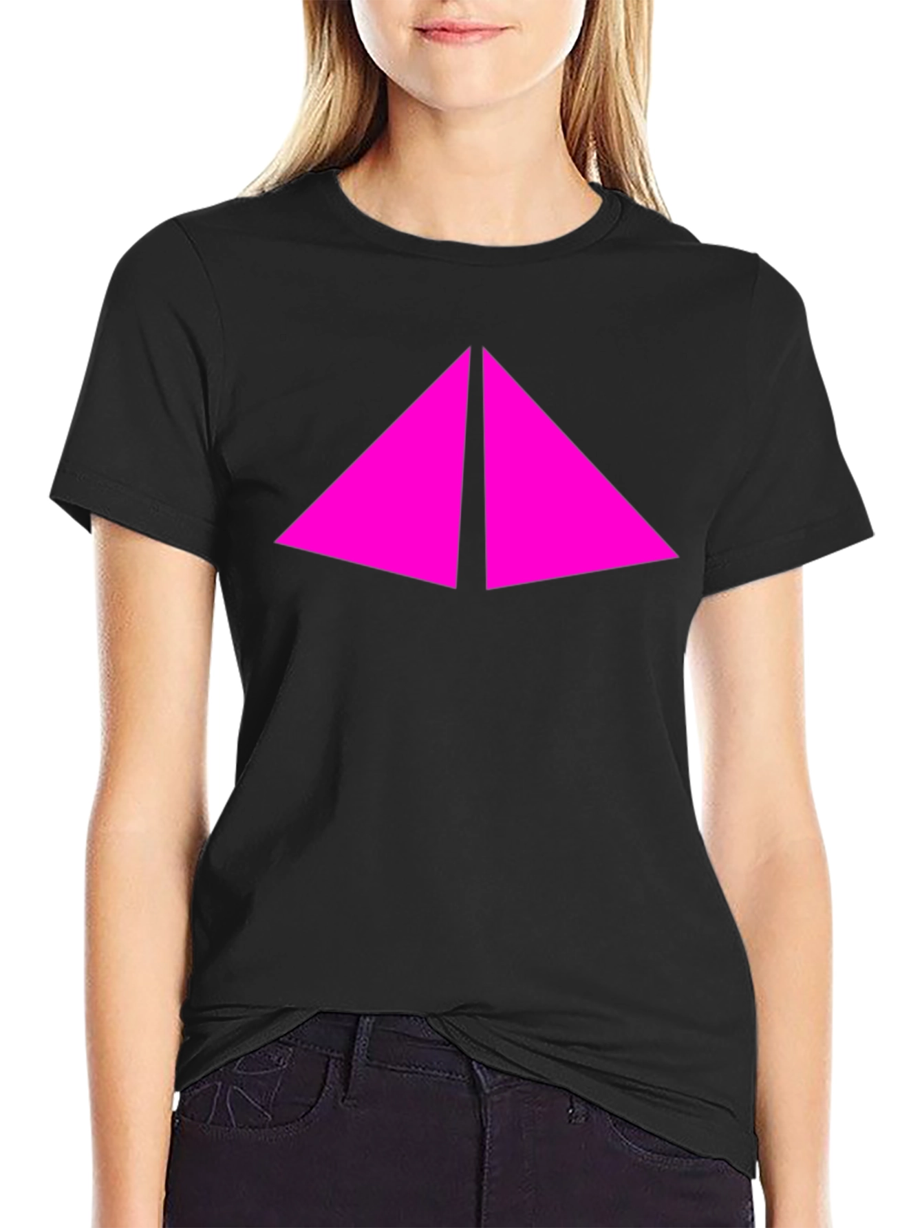 Modern Black T-Shirt with Pink Triangle Design