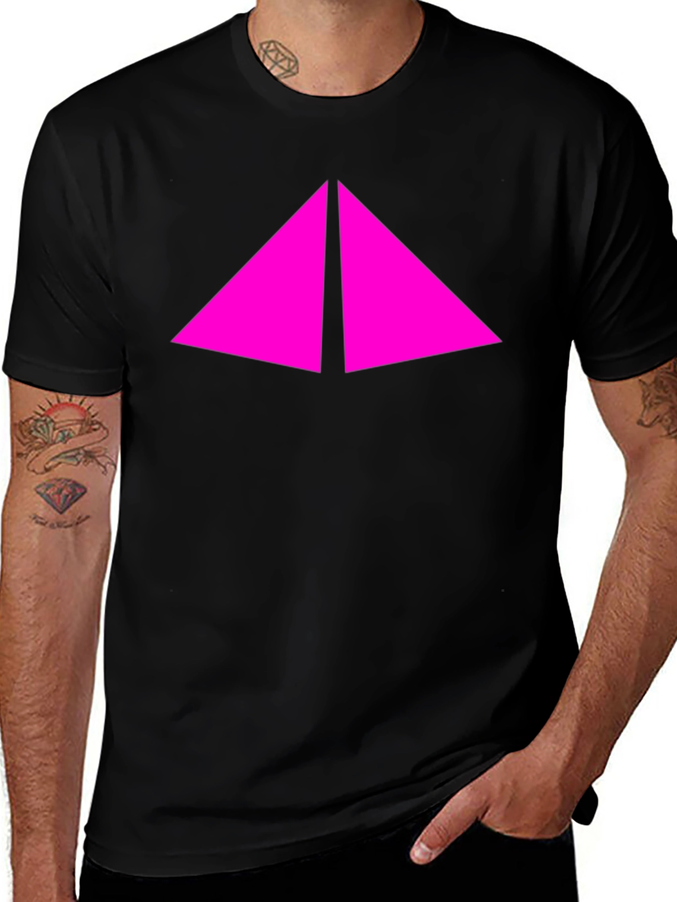 Modern Black T-Shirt with Pink Triangle Design
