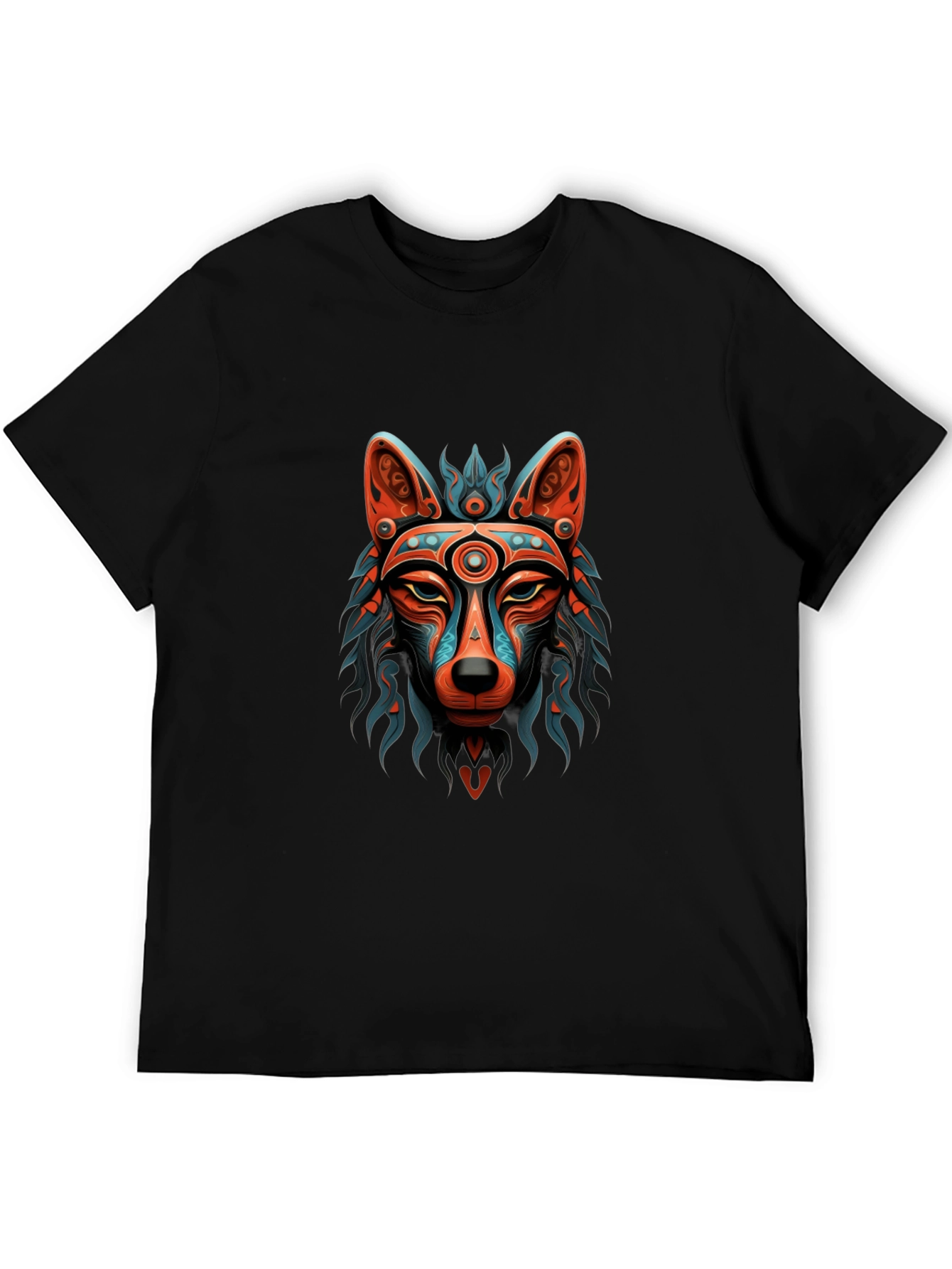 Aztec Wolf Graphic Print Black T-Shirt