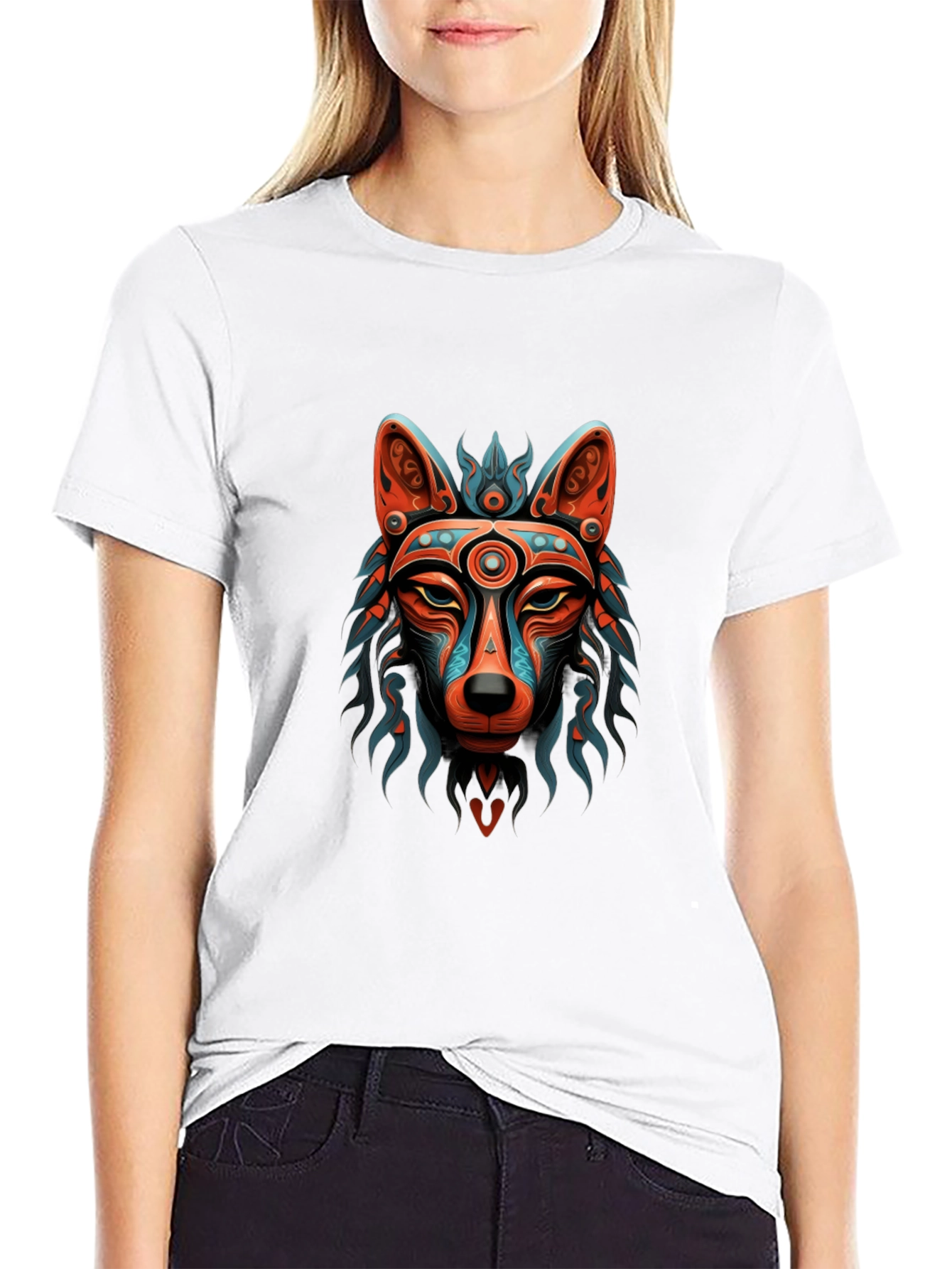 Aztec Wolf Graphic Print Black T-Shirt