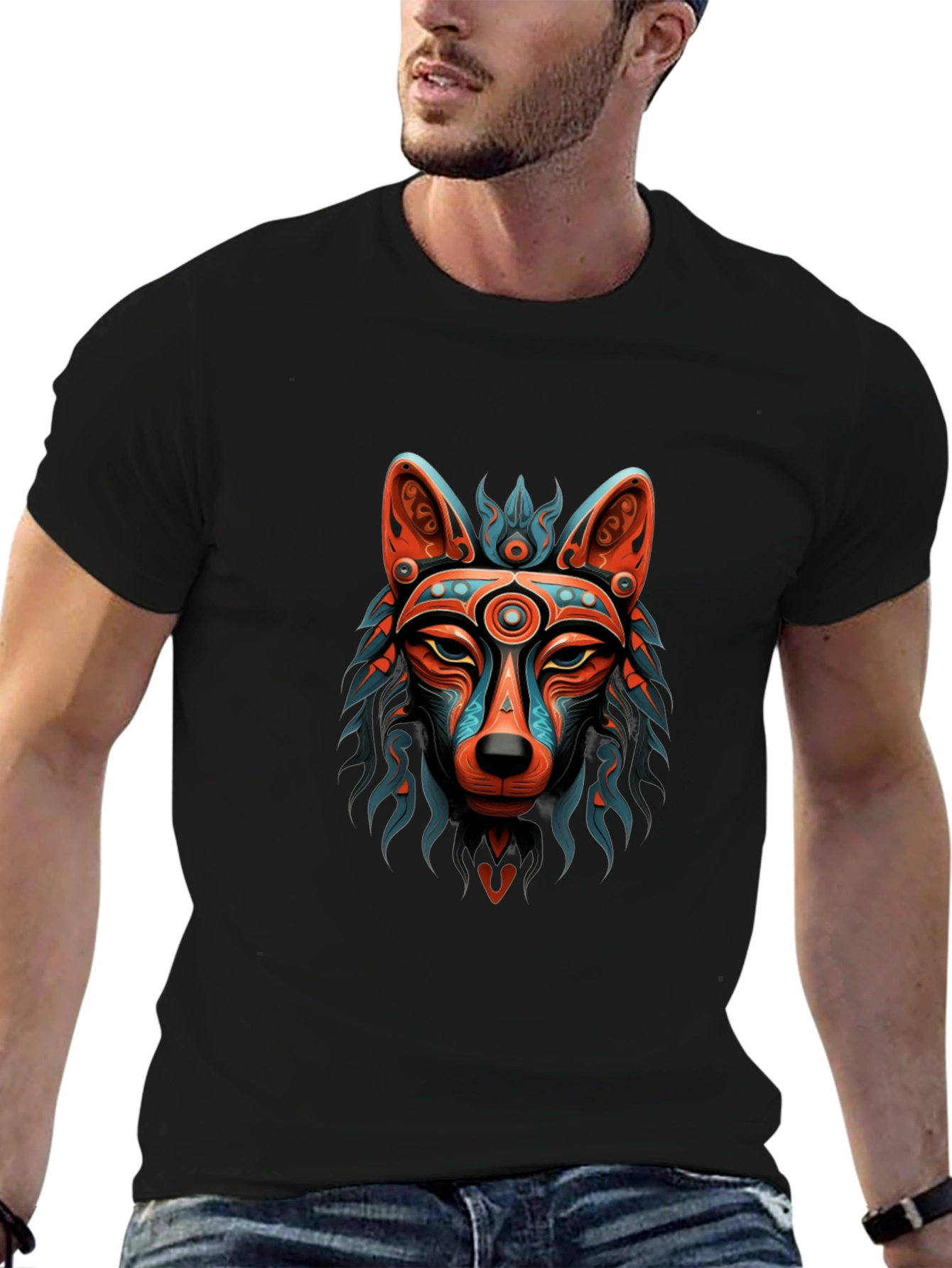 Aztec Wolf Graphic Print Black T-Shirt